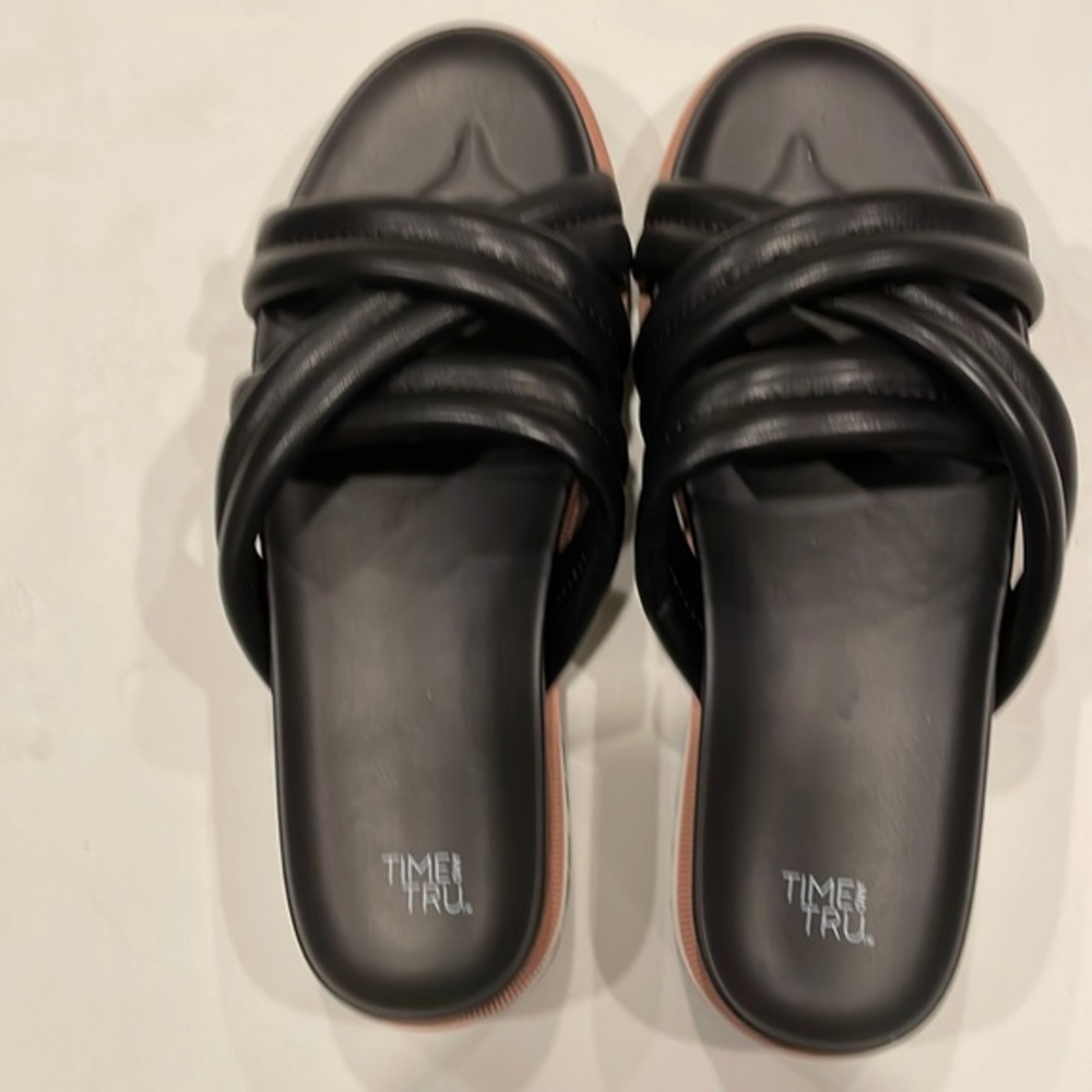Time and Tru Slide Woven Puff Sandals Black New Size 9